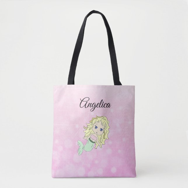 Pink Blonde  Mermaid Personalized Tote Bag (Front)