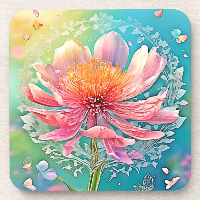 Pink Bloom Butterfly Dream Beverage Coaster (Front)