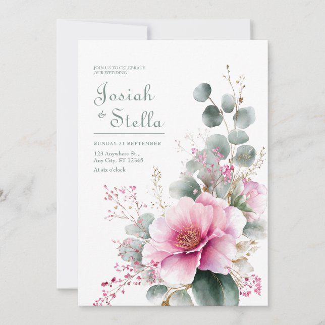 Pink Bloom Eucalyptus Gold Glitter Watercolor Invitation (Front)