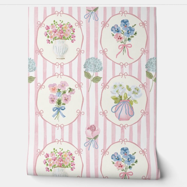 Pink Blooming Bow Stripe Wallpaper (Unrolling)