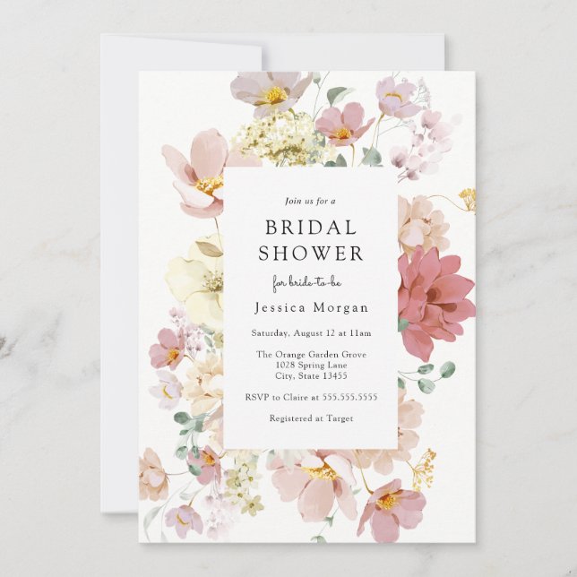 Pink Blooming Flowers Bridal Shower Invitation (Front)