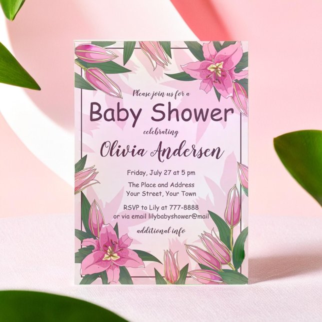 Pink Blooming Lilies Baby Shower Invitation (Pink Blooming Lilies Baby Shower Invitation)