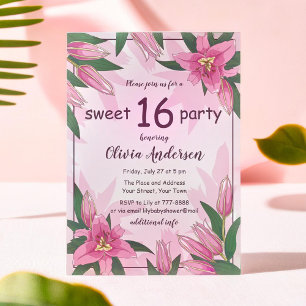 Pink Blooming Lilies Sweet Sixteen Party Invitation