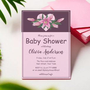 Pink Blooming Lily Sweet Heart Baby Shower Invitation