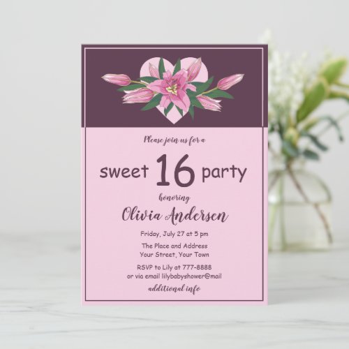 Pink Blooming Lily Sweet Sixteen Party Invitation