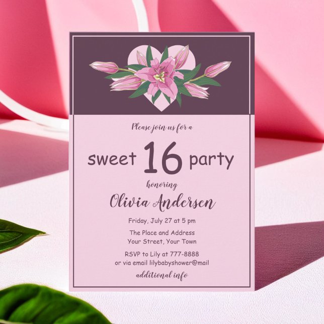 Pink Blooming Lily Sweet Sixteen Party Invitation (Pink Blooming Lily Sweet Sixteen Party Invitation)