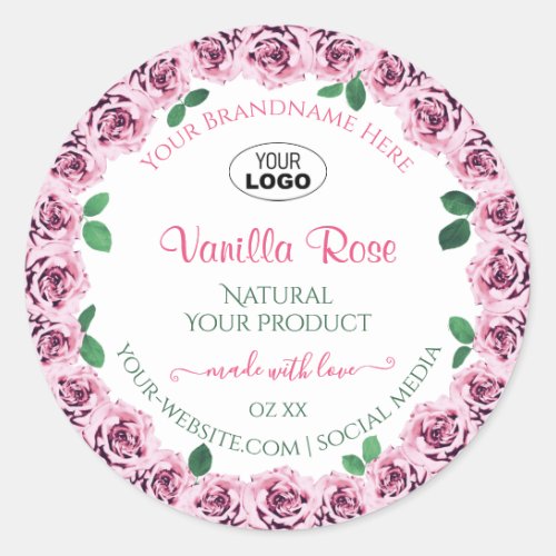 Pink Blooming Roses White Product Labels with Logo