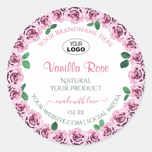 Pink Blooming Roses White Product Labels with Logo (Front)