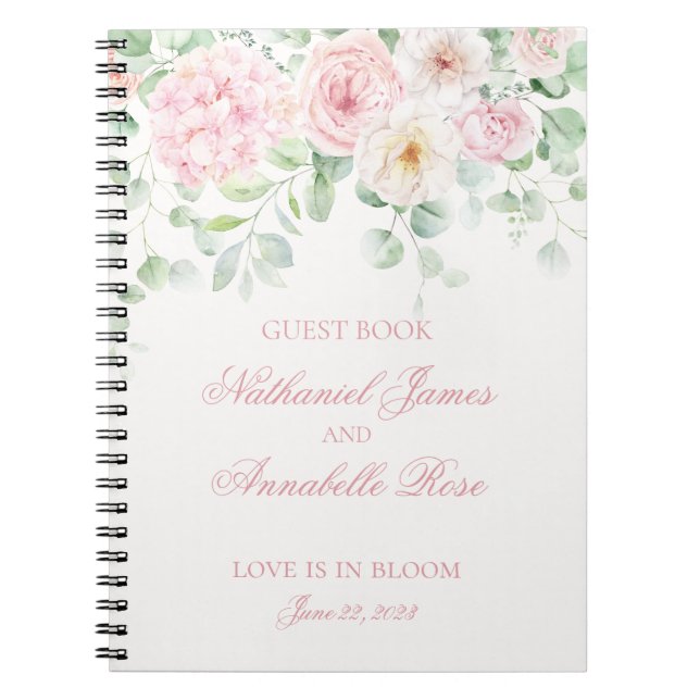 Pink Blooms Floral Hydrangeas Wedding Guest Book (Front)