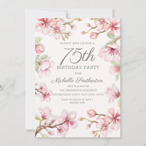 Pink Blooms Green Leaves Womens 75th Birthday Invitation