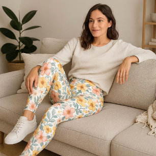 Pink Blooms on White Floral Leggings