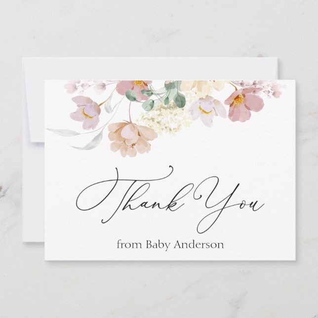 Pink Blooms Shower Thank You Note Card (Front)