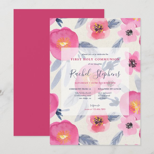 Pink Blooms Watercolor Floral First Holy Communion Invitation (Front/Back)