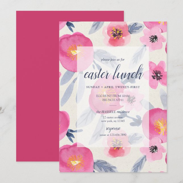 Pink Blooms Watercolor Florals Easter Lunch Invitation (Front/Back)