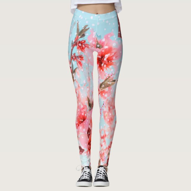 Pink blossom and flying petals (or snow?) leggings (Front)