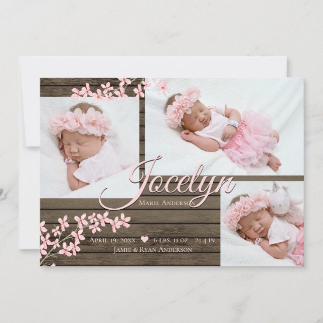 Pink Blossom Barn Wood Photo Invitation (Front)