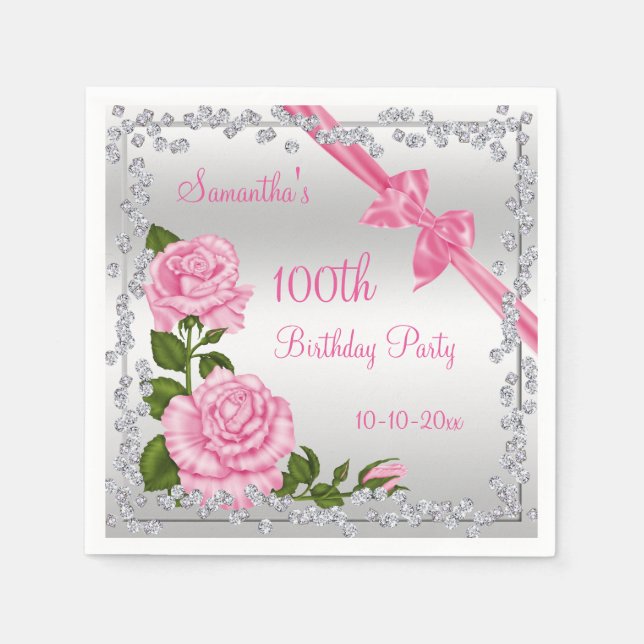 Pink Blossom, Bows & Diamonds 100th Napkins (Front)