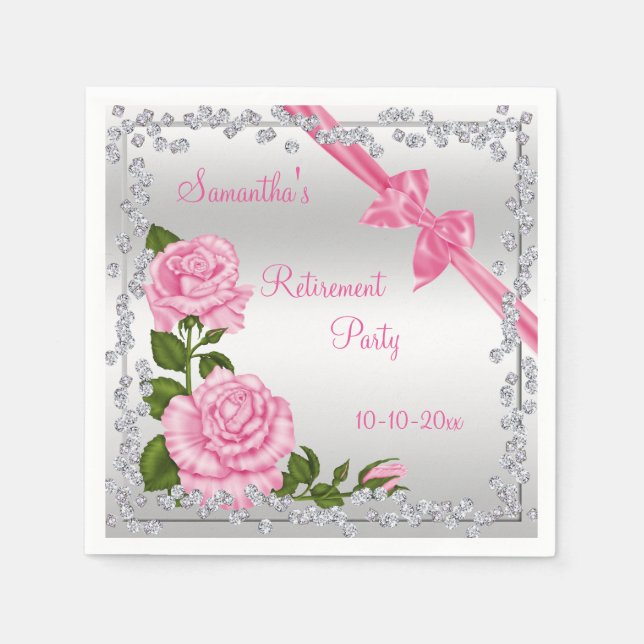 Pink Blossom, Bows & Diamonds Retirement Paper Napkins (Front)