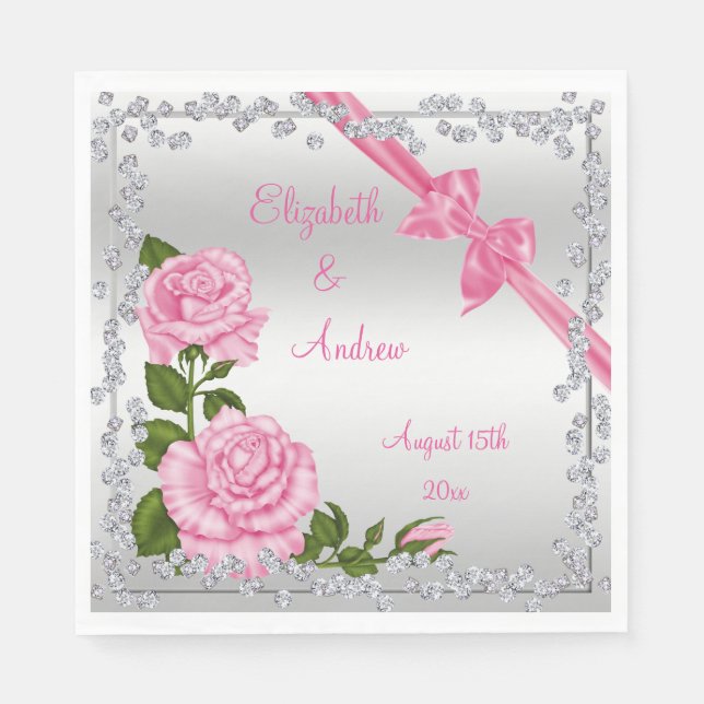 Pink Blossom, Bows & Diamonds Wedding Paper Napkins (Front)