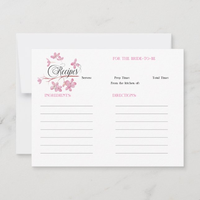 Pink Blossom Bridal Shower Recipe Note Card (Front)