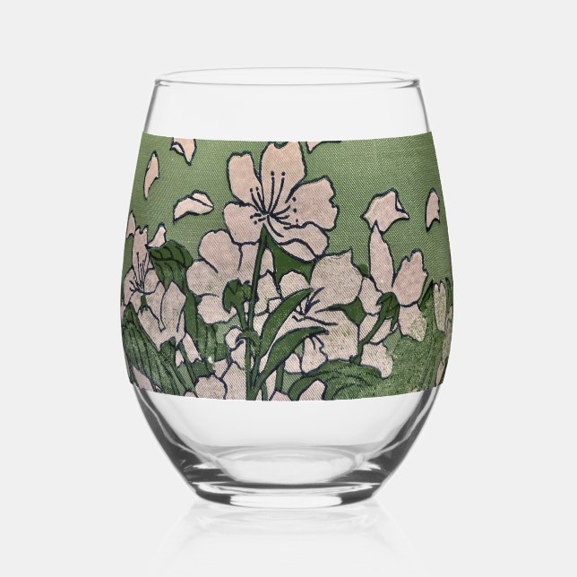 Pink Blossom Cascade  Stemless Wine Glass (Front)