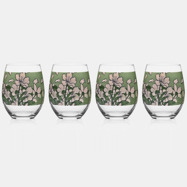 Pink Blossom Cascade  Stemless Wine Glass (Front)