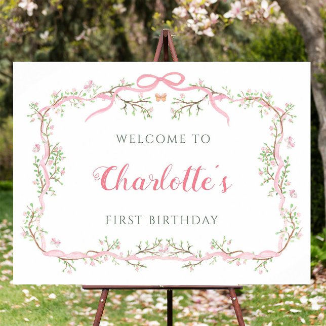 Pink Blossom Floral Frame 1st Birthday Welcome Foam Board (Creator Uploaded)