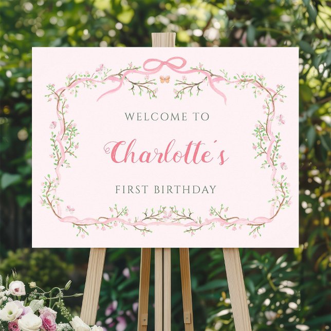 Pink Blossom Floral Frame 1st Birthday Welcome Foam Board (Creator Uploaded)