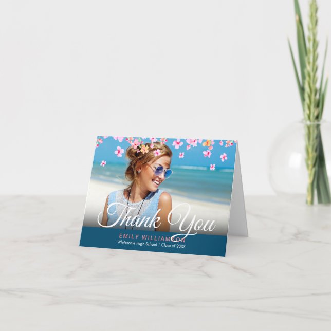 Pink Blossom Floral Photo Graduation Thank You Card (Front)