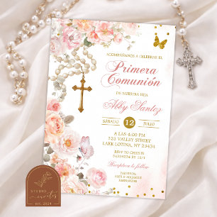 Pink Blossom Floral Rosary Catholic Holy Communion Invitation