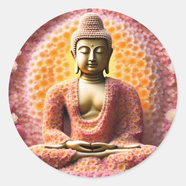 Pink Blossom Flower Buddha Meditating Classic Round Sticker (Front)