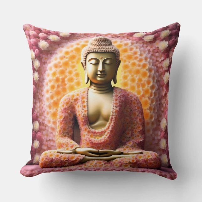 Pink Blossom Flower Buddha Meditating Throw Pillow (Front)