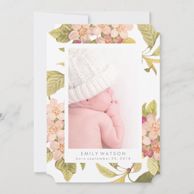 Pink Blossom Flower Photo Card Birth Announcement (Front)