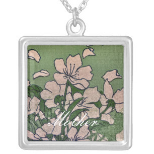 Pink Blossom Green Silver Plated Necklace