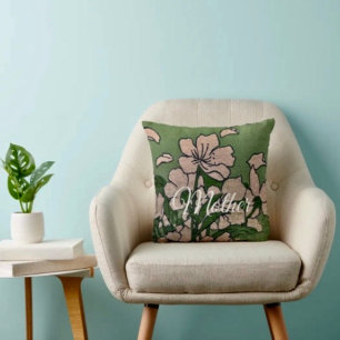Pink Blossom Green Throw Pillow
