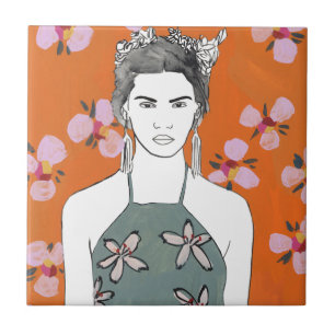 Pink Blossom Lady - Orange Ceramic Tile