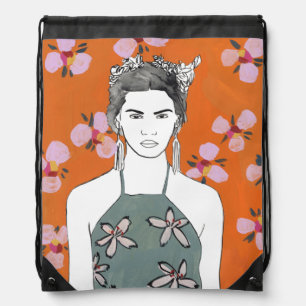 Pink Blossom Lady - Orange Drawstring Bag