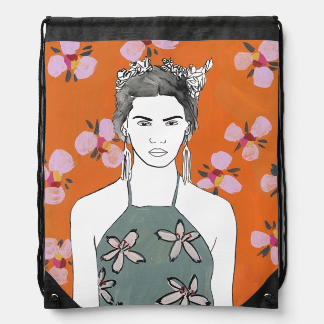 Pink Blossom Lady - Orange Drawstring Bag (Front)