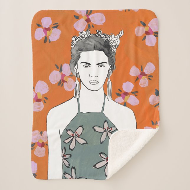 Pink Blossom Lady - Orange Sherpa Blanket (Front)