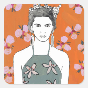 Pink Blossom Lady - Orange Square Sticker