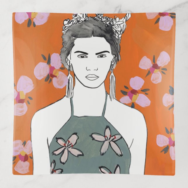 Pink Blossom Lady - Orange Trinket Tray (Front)
