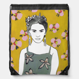Pink Blossom Lady - Yellow Drawstring Bag