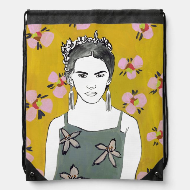 Pink Blossom Lady - Yellow Drawstring Bag (Front)