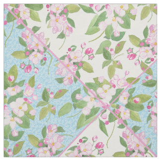 Pink Blossom on Blue and White Faux Patchwork Fabric