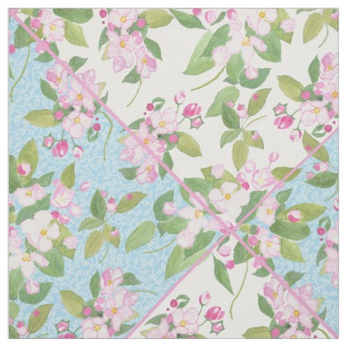 Pink Blossom on Blue and White Faux Patchwork Fabric