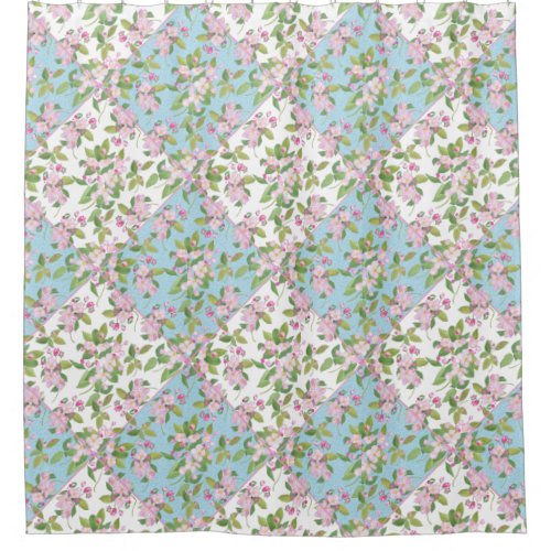 Pink Blossom on Blue and White Faux Patchwork Shower Curtain