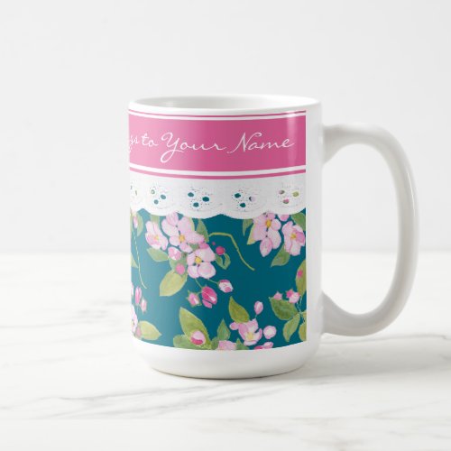 Pink Blossom on Dark Blue with Faux Lace Coffee Mug