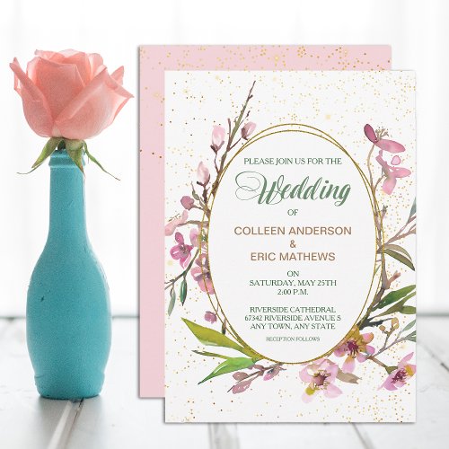 Pink Blossom Oval Gold Frame Wedding Invitation
