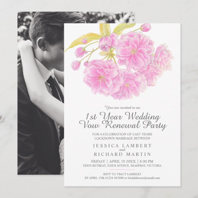 Pink blossom spring 1st wedding vow renewal party invitation (Front/Back)