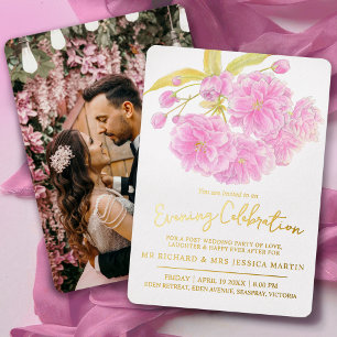 Pink blossom spring evening celebration gold foil invitation